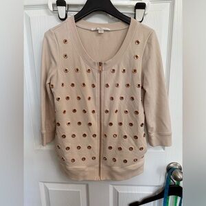 Boston Proper Blush cream Rose Gold Rivets Zip Up Jacket Cardigan S 3/4 Sleeves